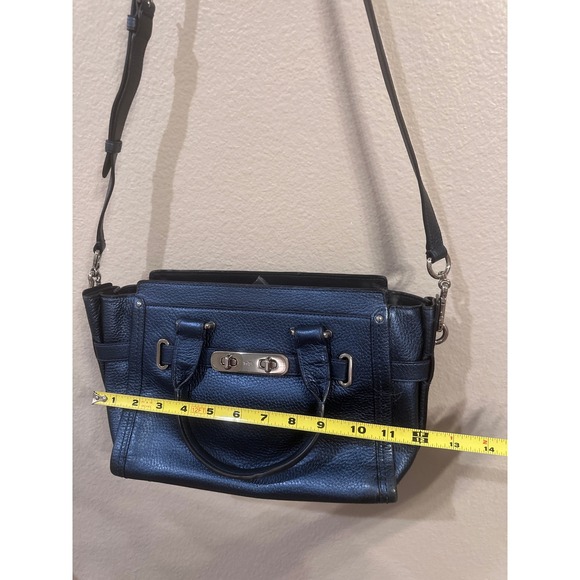 VINTAGE Coach Navy Leather Satchel Handbag Shoulder Bag Silver Tone Hardware - Picture 4 of 10